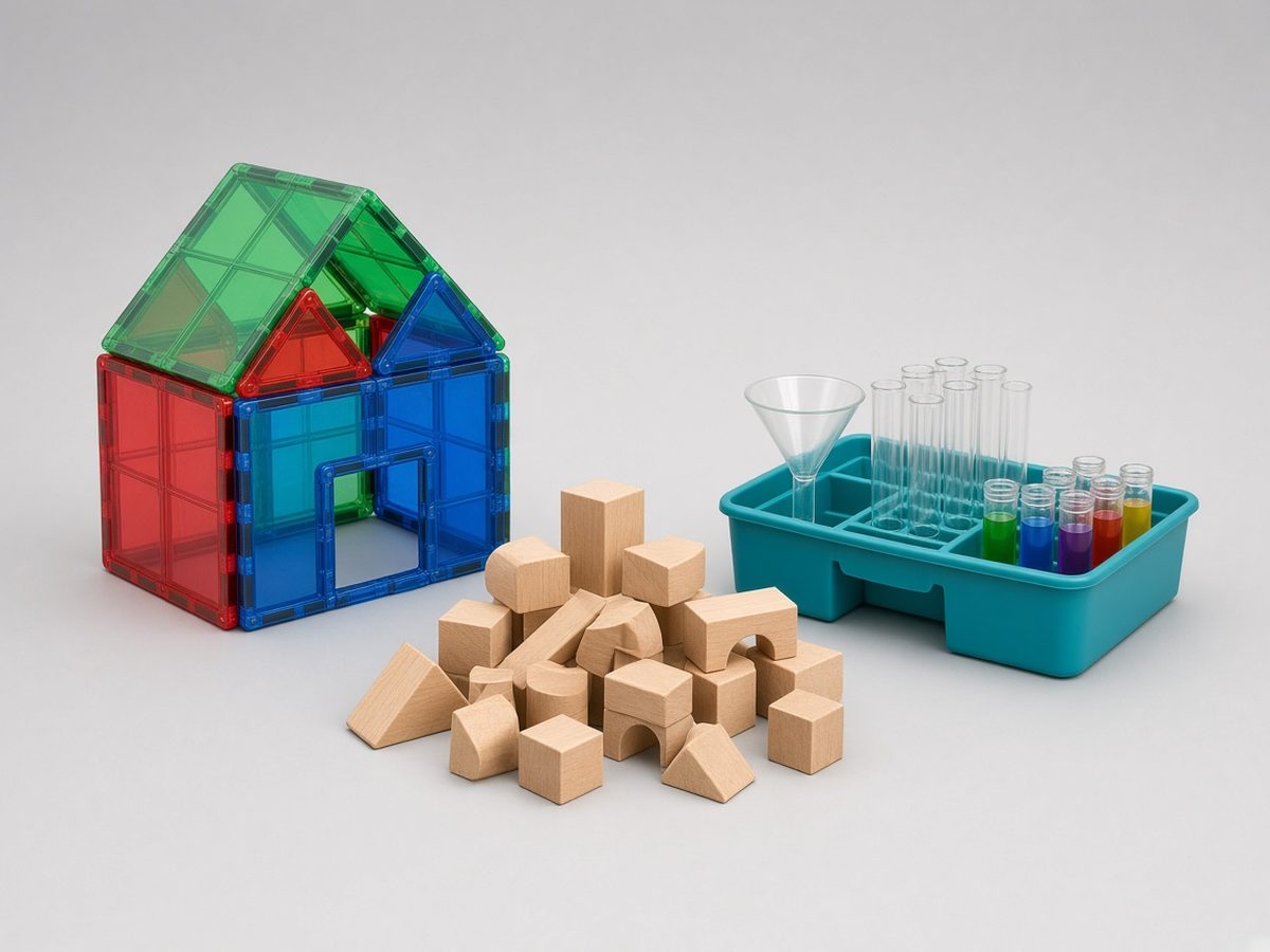 Magnetic tiles, wood blocks and a science tray, concept assortment