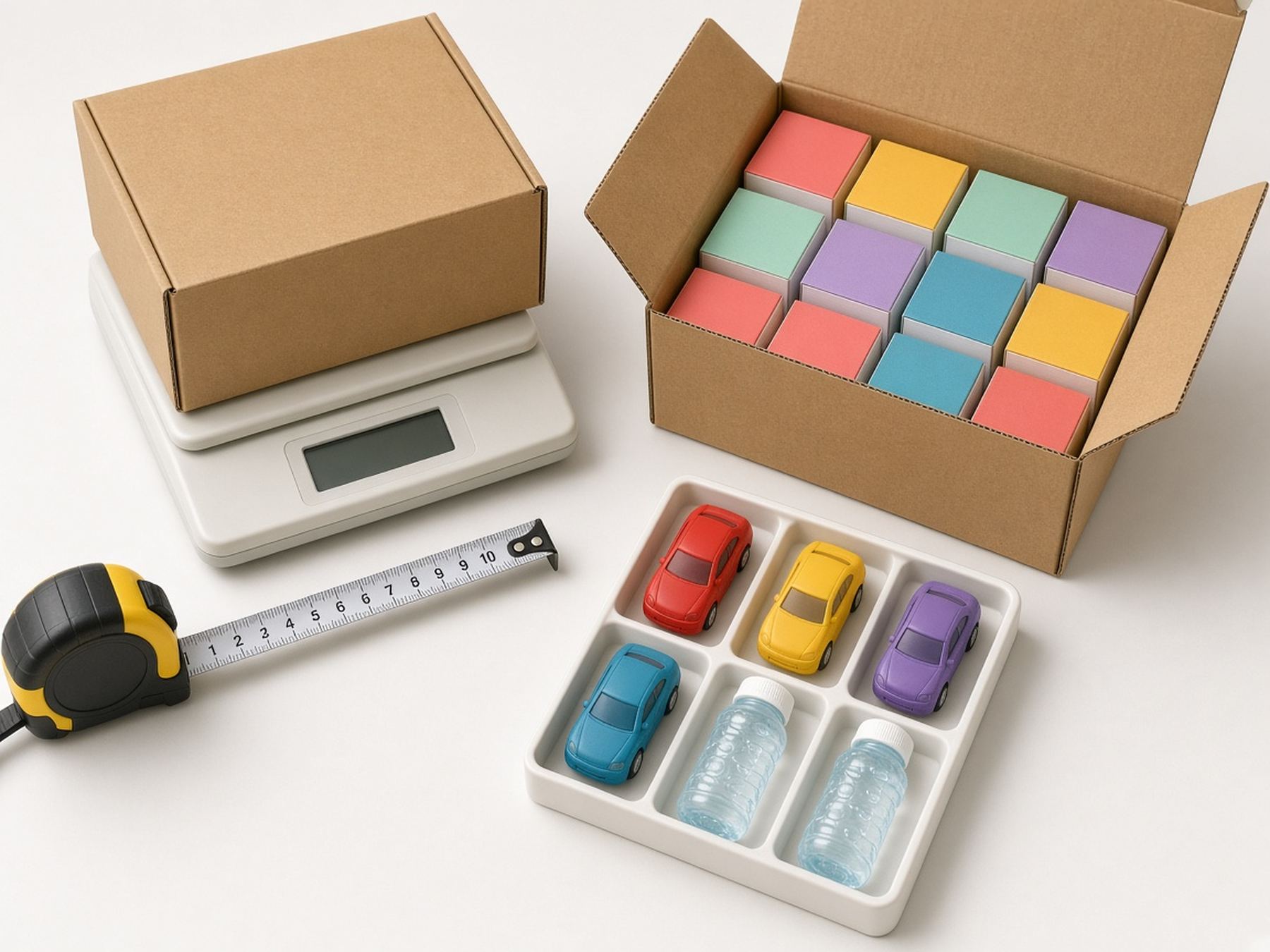 Concept packing check with plain cartons, a scale and a tape measure