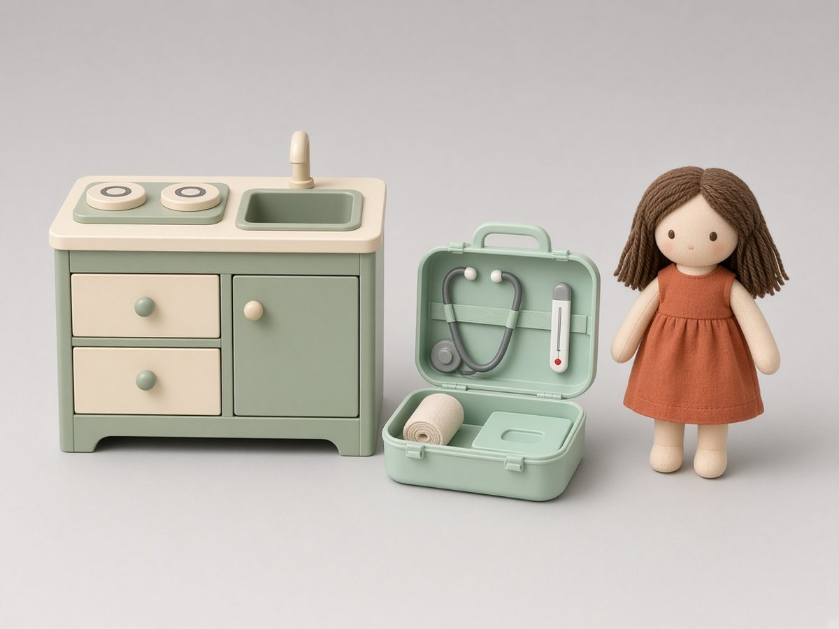 Play kitchen, doctor kit and cloth doll, concept assortment