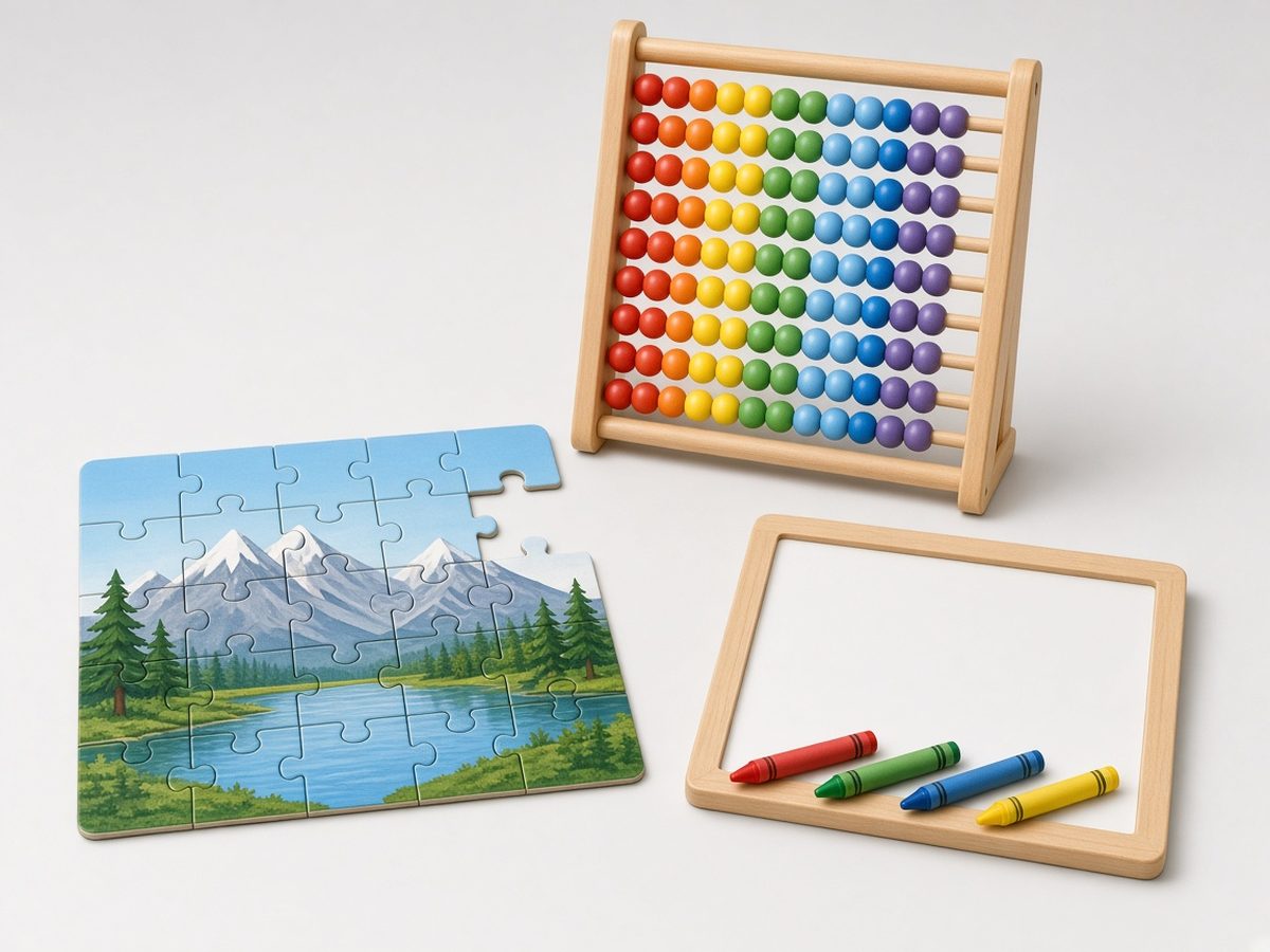 Jigsaw, counting frame and drawing board, concept assortment