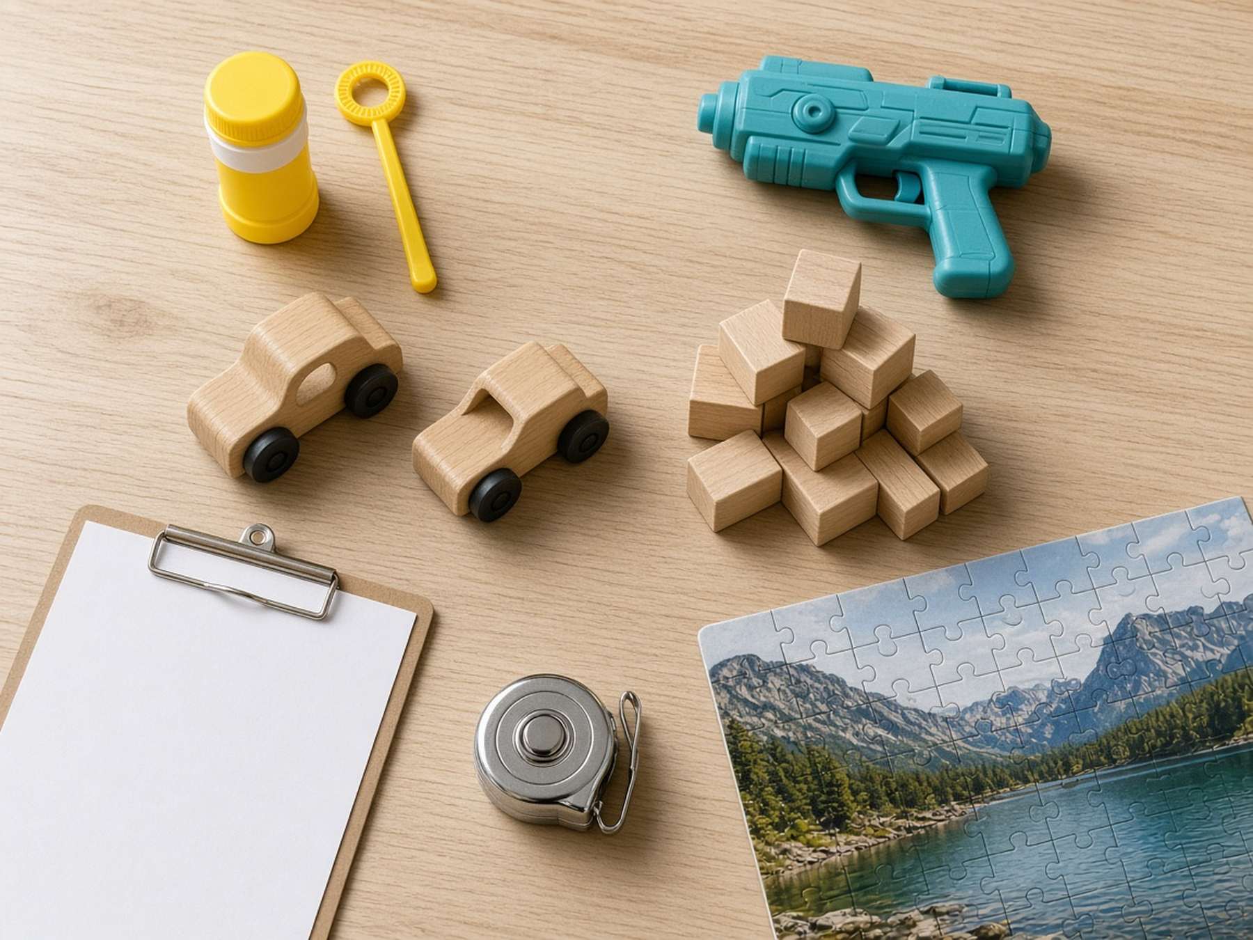 Concept table with toys from several categories and a blank specification sheet