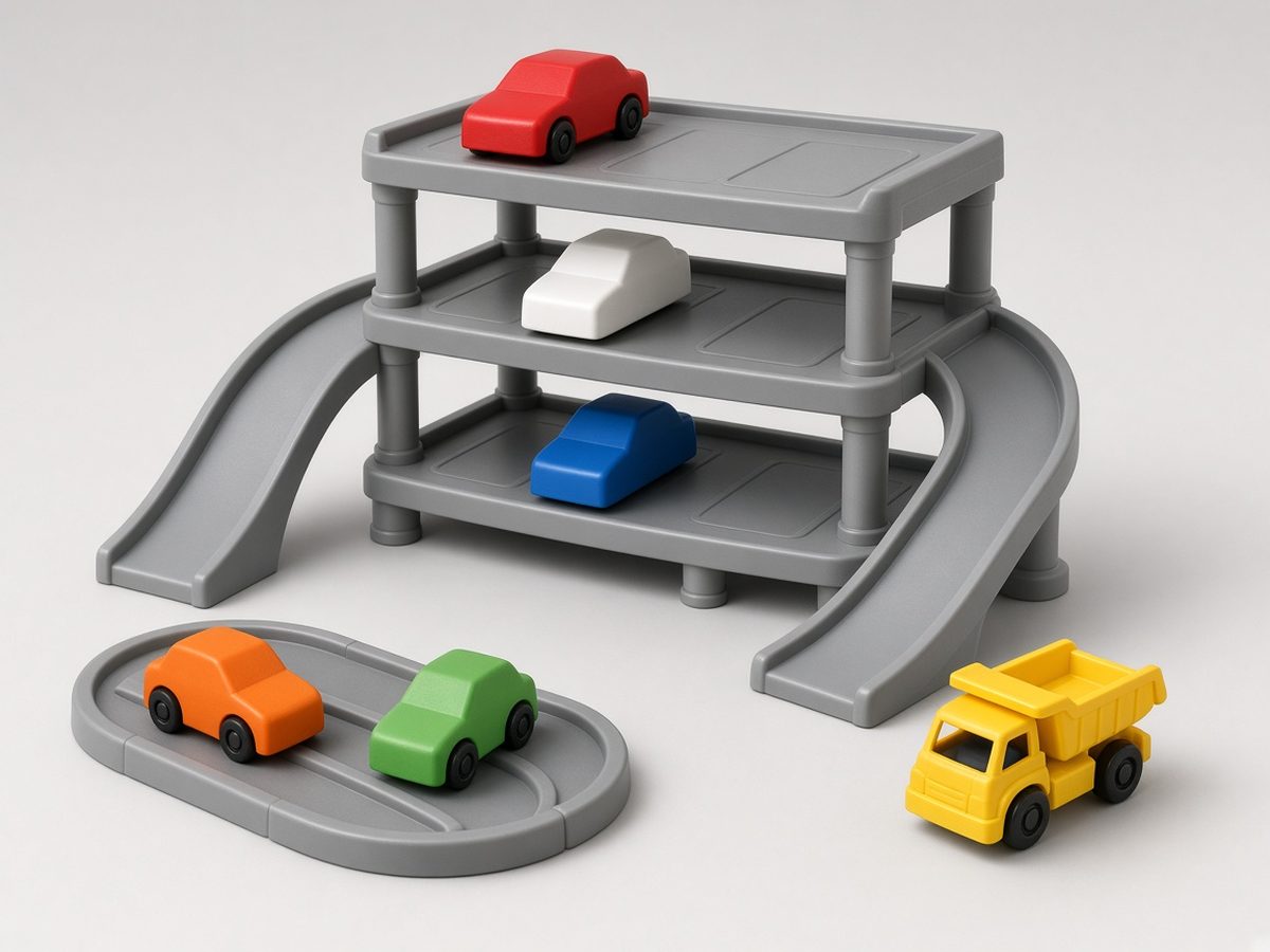 Unbranded parking garage, cars and track, concept assortment