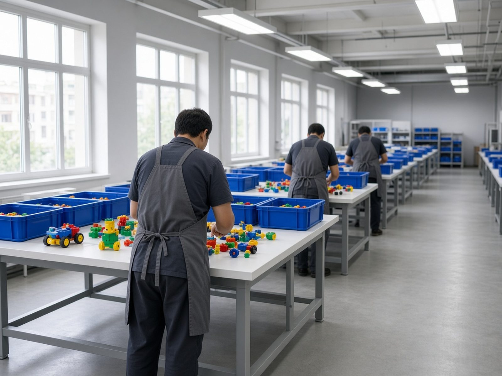 Assembly benches in a toy workshop