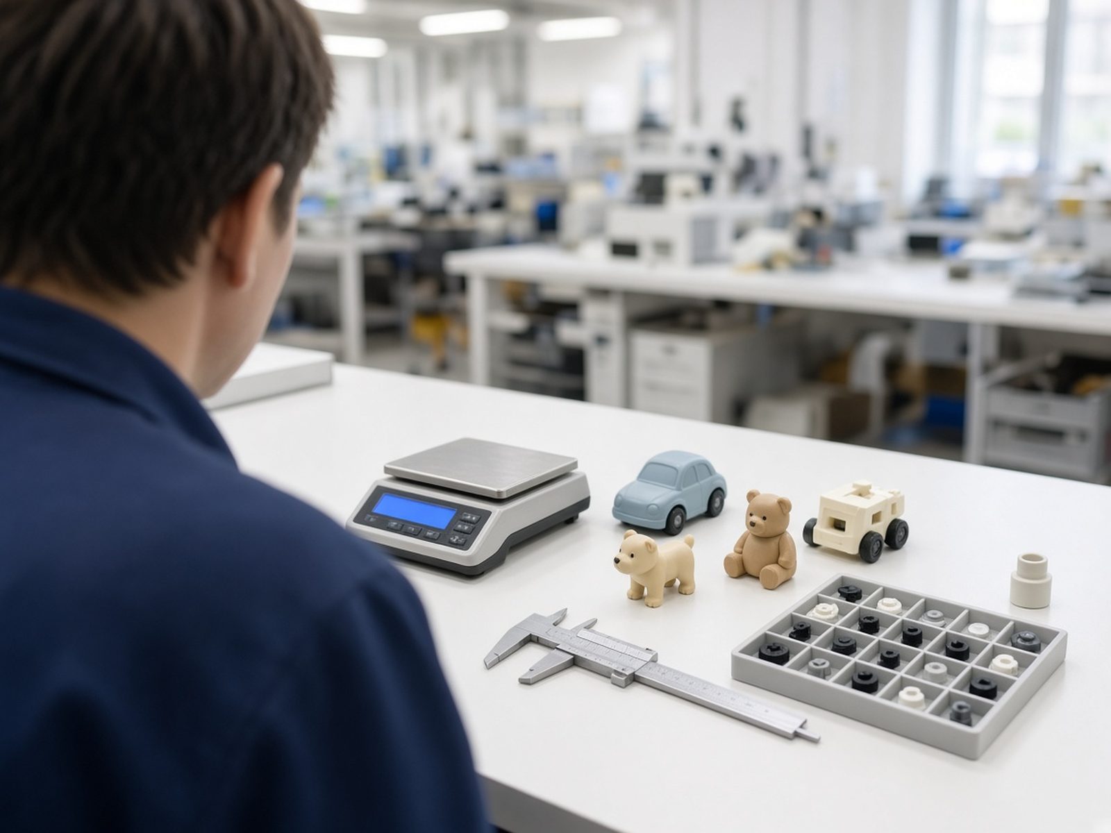 Toy samples checked on a weighing bench
