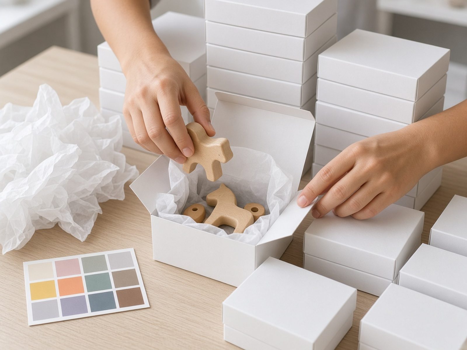 Plain retail boxes being packed with toys