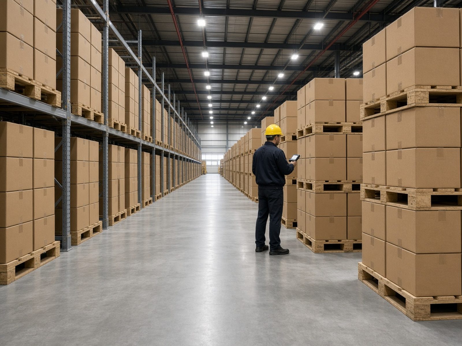 Export cartons staged in a warehouse aisle
