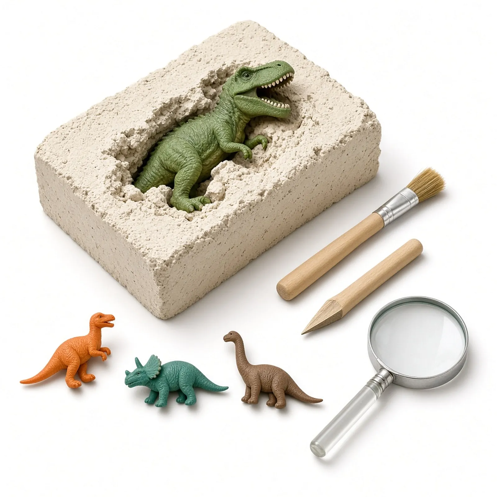 Dinosaur dig kit with plaster block and figures, concept image