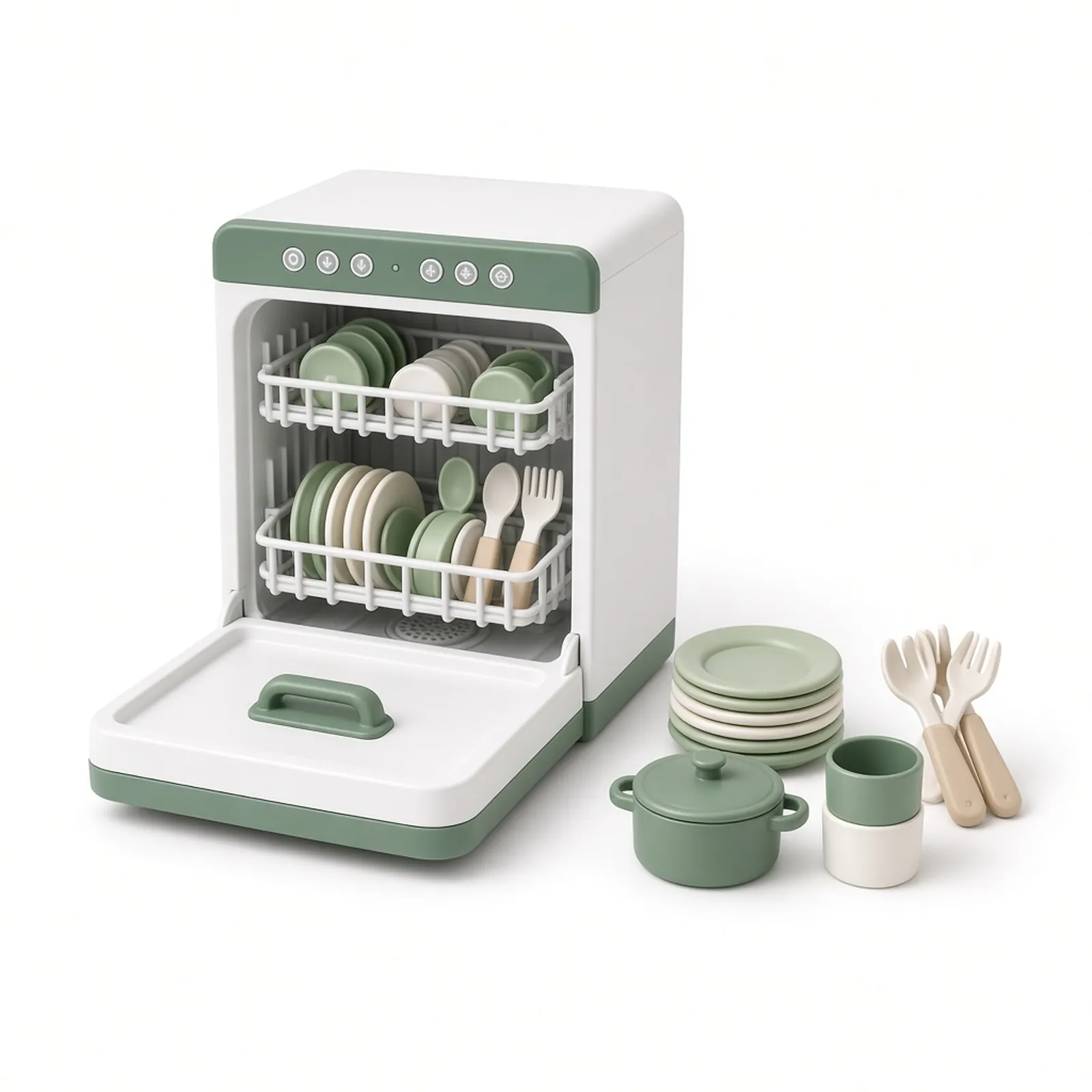 Toy dishwasher with plates and utensils, concept image