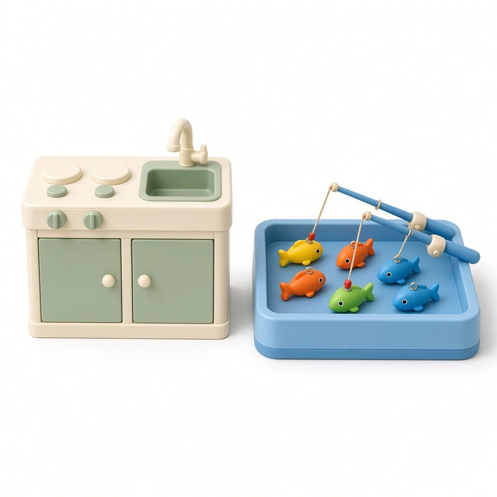 Pretend kitchen beside a fishing play tray, concept image
