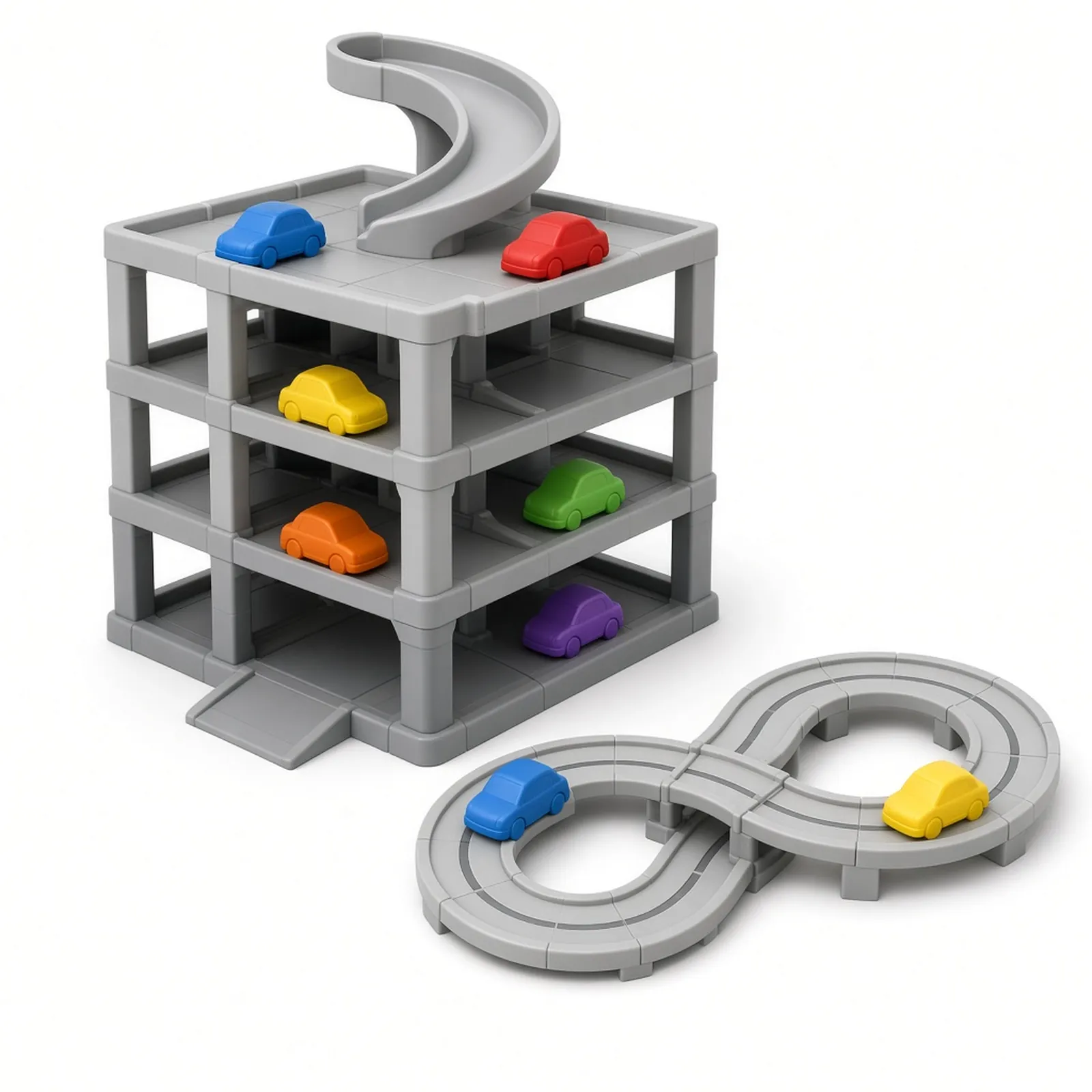 Unbranded parking garage and track playset, concept image